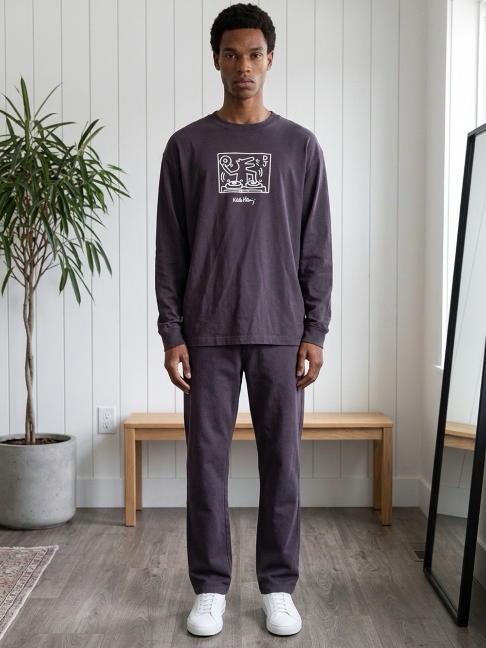 Black, Men's Long-Sleeve Graphic Shirt with White Logo